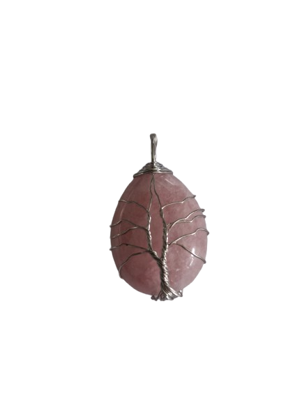 PENDENTIF ARBRE DE VIE - GOUTTE ARGENTE - QUARTZ ROSE